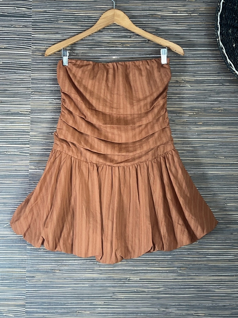 American Eagle Strapless Drop Waist Mini Bubble Dress Brown XS open back - Picture 5 of 17